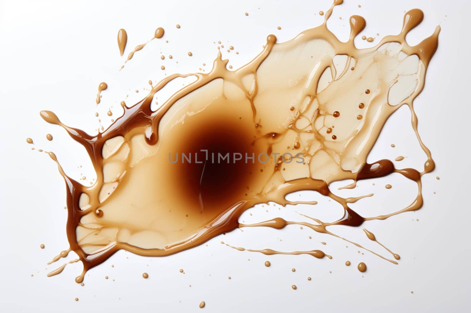 Splash, puddle of spilled black coffee on a white background. Abstract background.