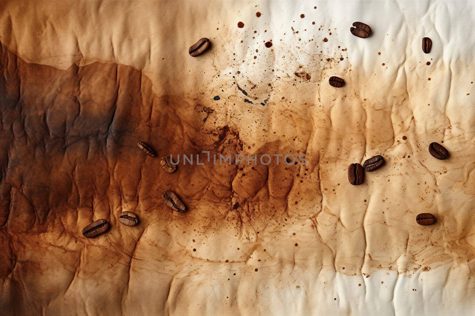 Coffee beans lie on coffee-stained paper with stains. Generated by artificial intelligence by Vovmar