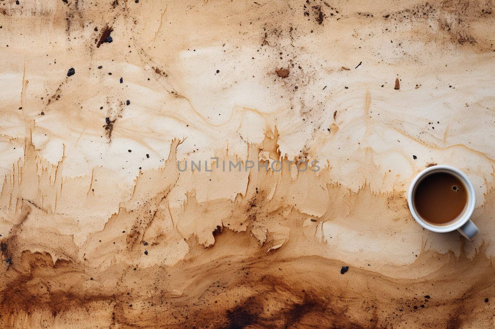 Top view of a cup of coffee standing on a surface covered in coffee stains. Texture of spilled coffee.