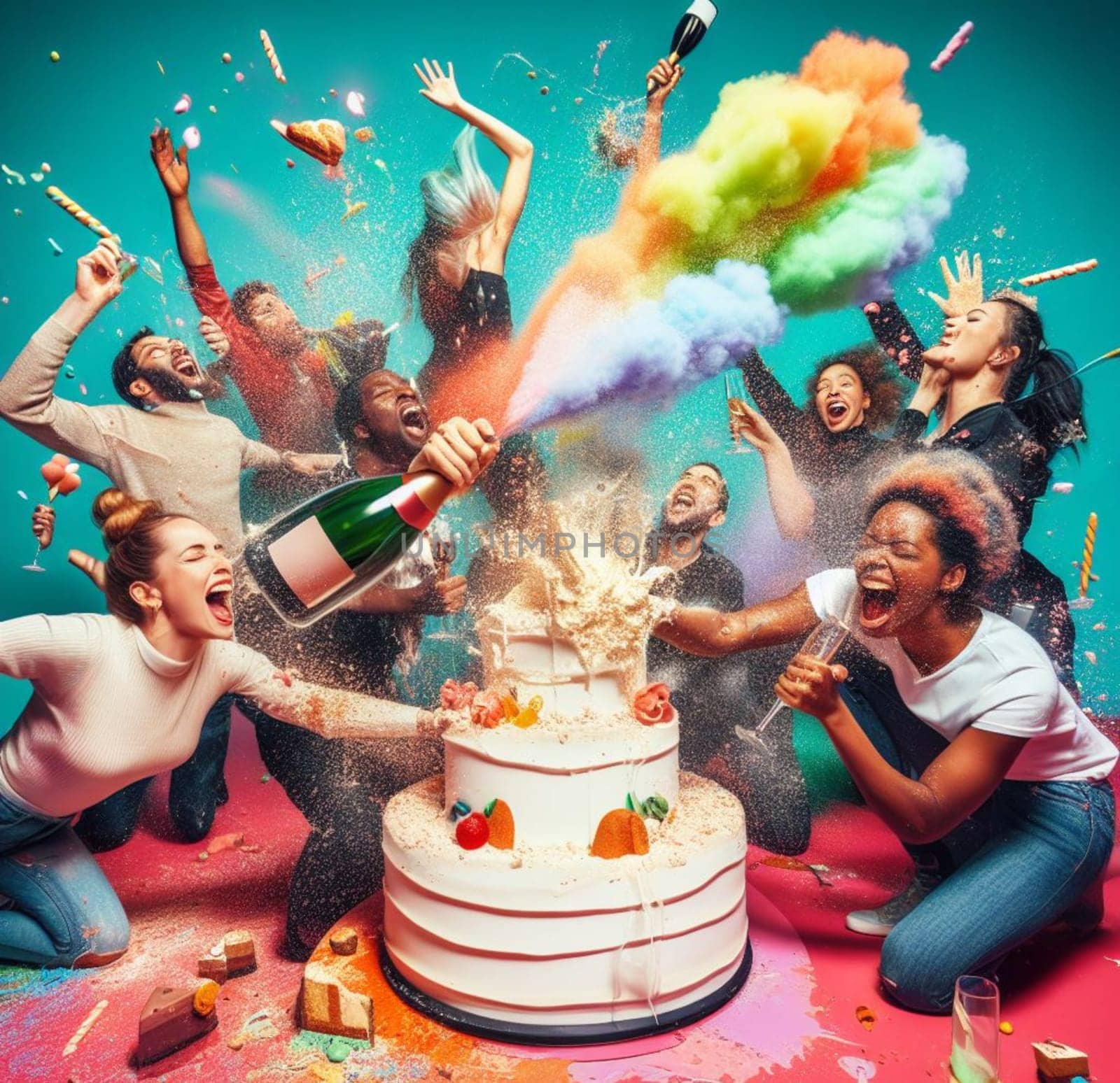 group elegant people celebrate toxic gala birthday at club throw cake splash wine wild party dance shout laugh art generated ai