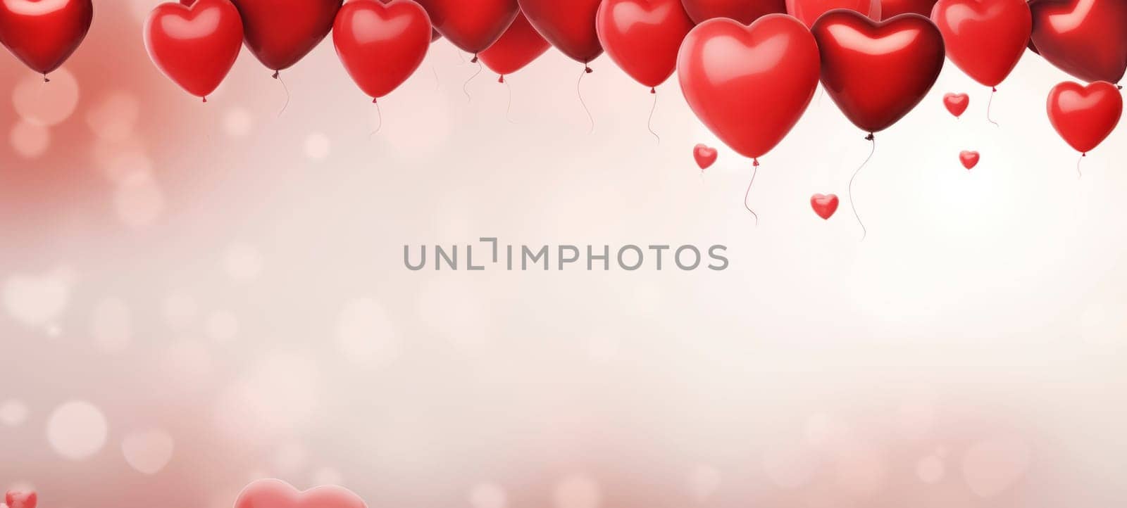 Glossy red heart-shaped balloons ascend against a soft bokeh background with light pink tones, creating a dreamy romantic atmosphere.