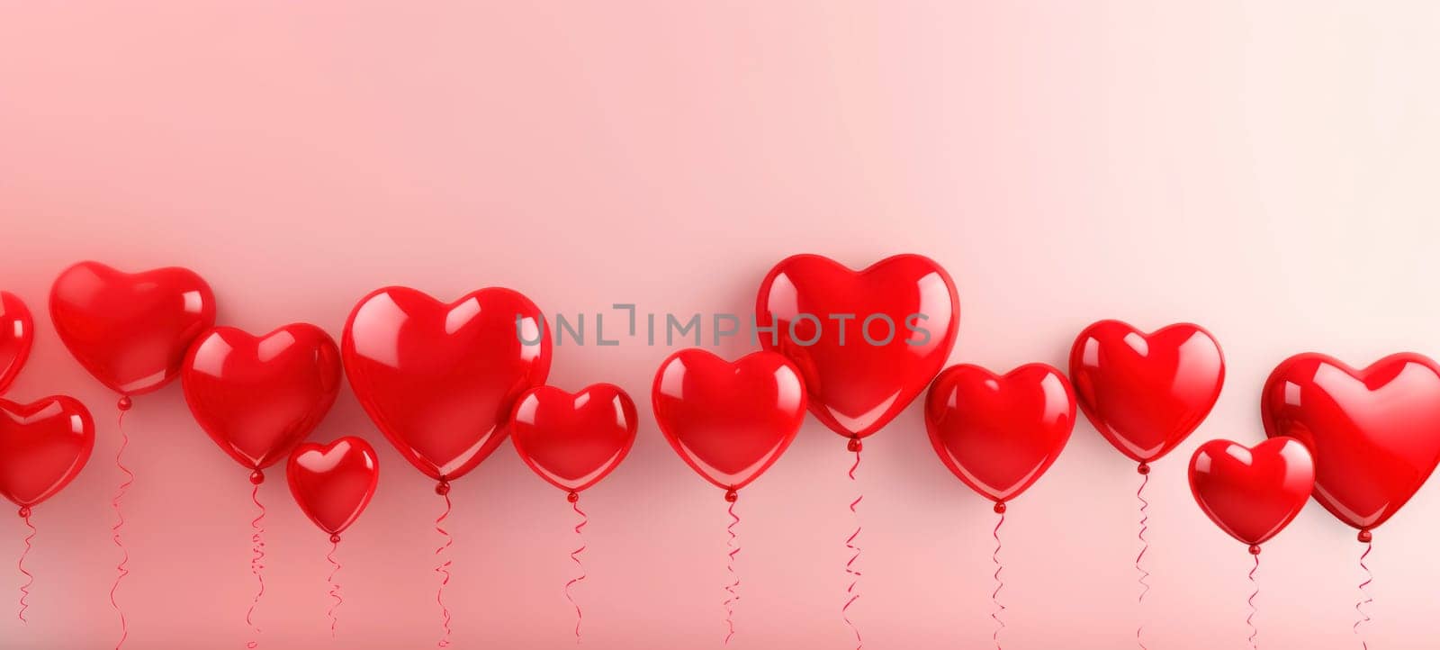 Shiny red heart-shaped balloons with elegant ribbons floating against a pastel pink backdrop for a romantic celebration.