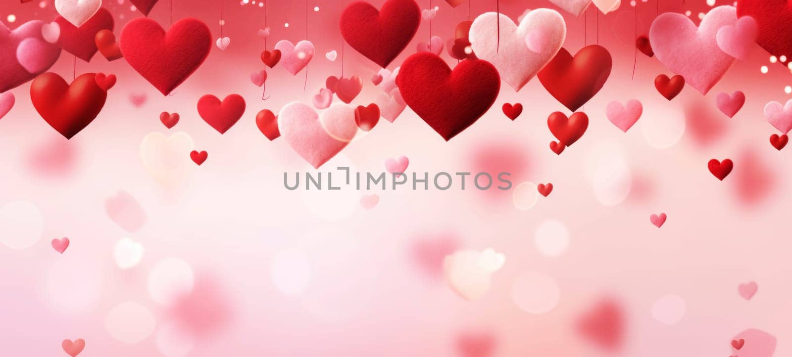 Soft pink background with floating red heart balloons, symbolizing love and Valentine's cheer