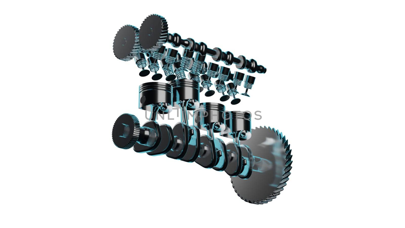 Close up detailed fully textured 3D render over white background of diesel motor with pistons, crankshaft, valves and other mechanical components offering high performance
