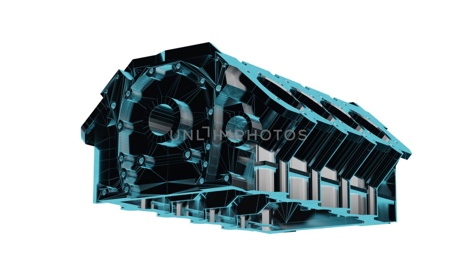 Close up detailed fully textured 3D render over white background of technically advanced car engine block assembled with steel cylinders casings, pistons, crankshaft and other engineering parts