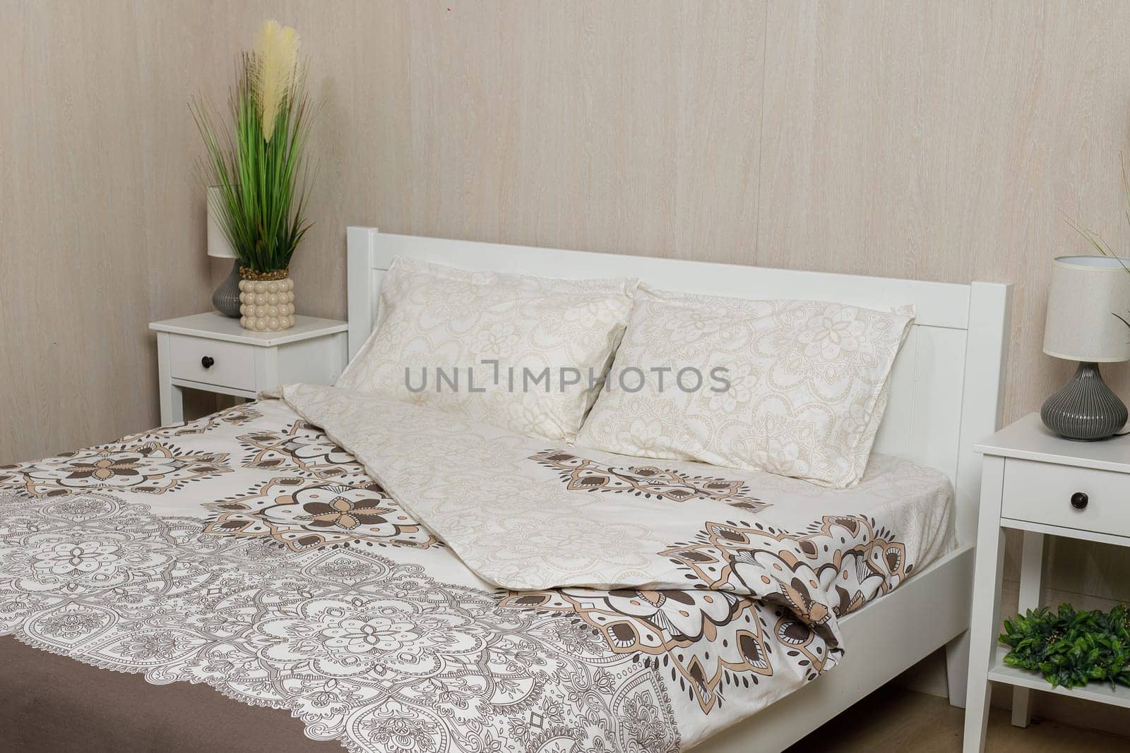 bedroom, bed linen bright room. High quality photo