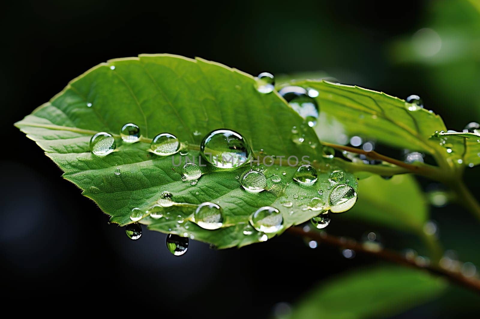 Large transparent drops of water, dew on a green leaf in nature. Natural background. Generated by artificial intelligence by Vovmar