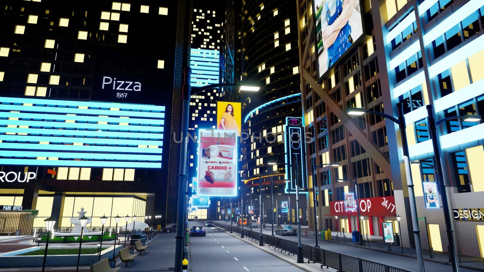 Nighttime downtown city avenues with vehicles driving past skyscrapers. Empty metropolitan town with streets illuminated by medical outdoor billboard ads and lamp posts, 3d render animation