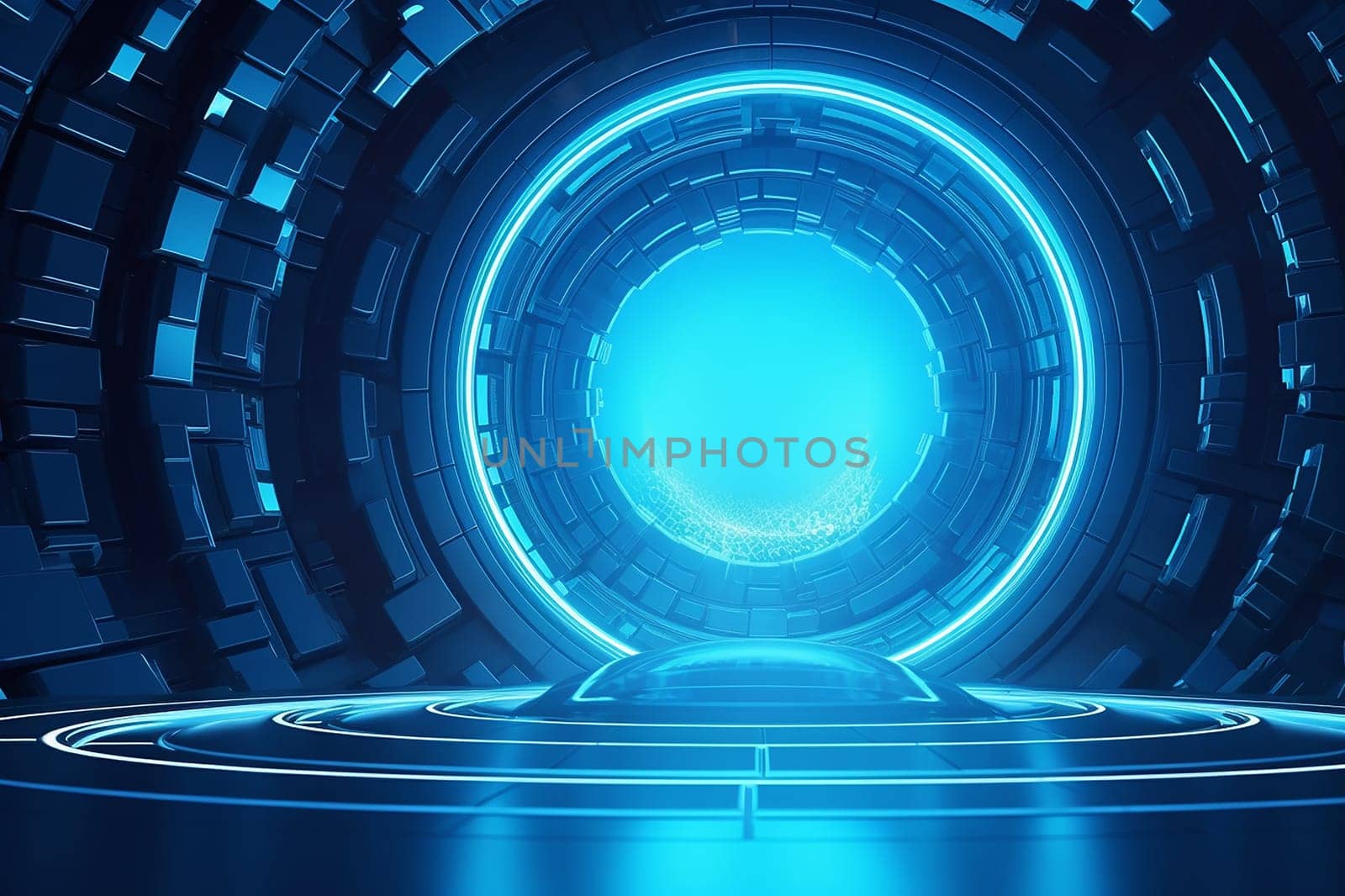 Futuristic blue portal with glowing center.