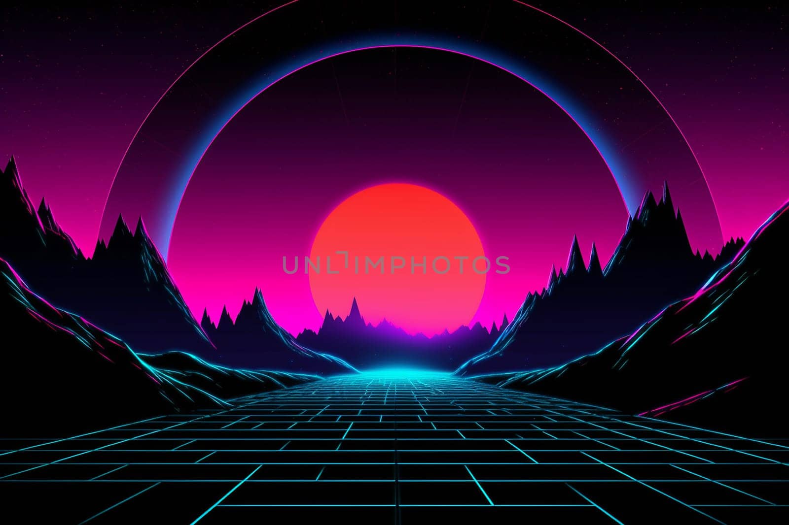 Retro-futuristic landscape with neon grid and sun. sci-fi illustration