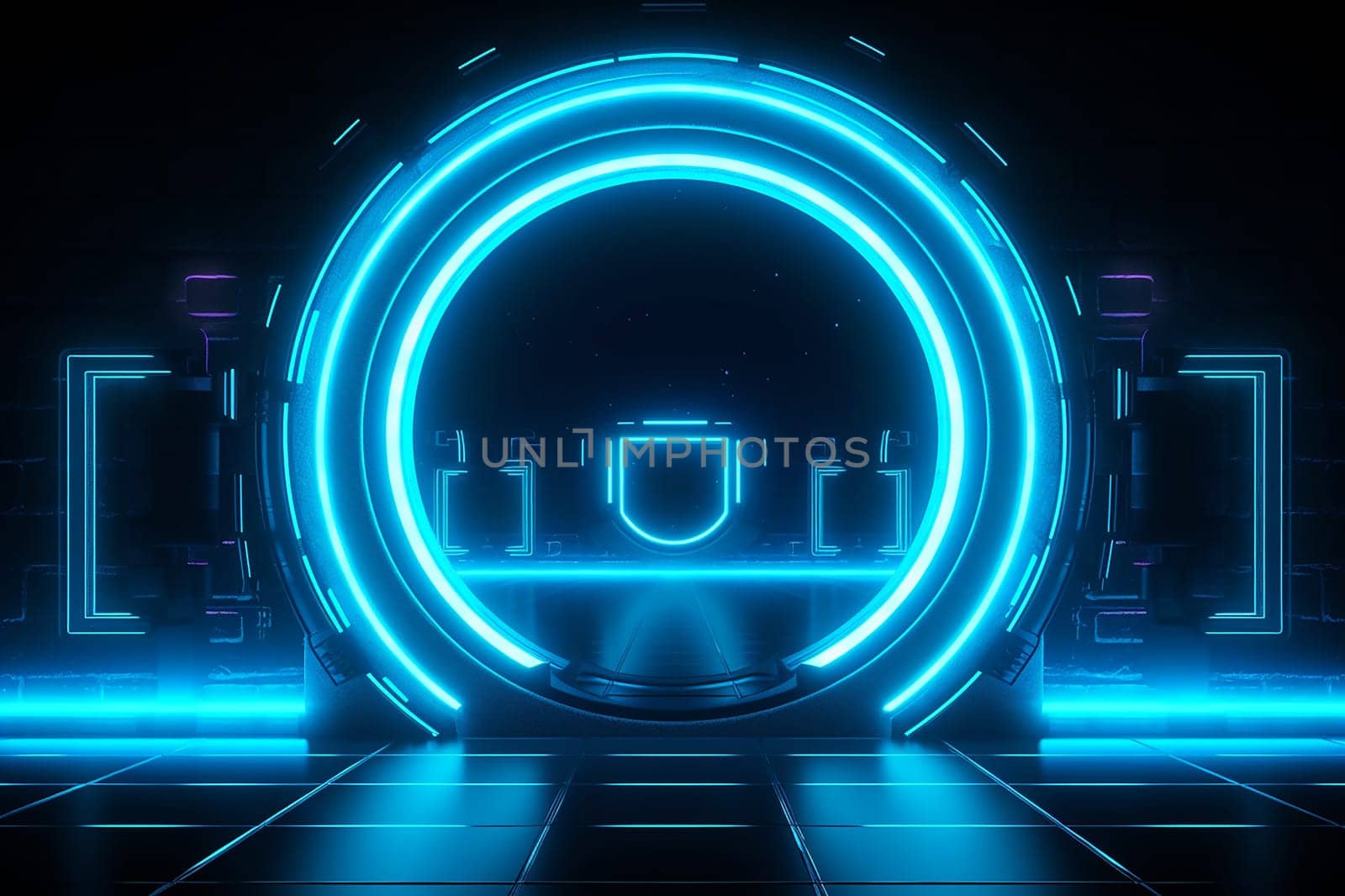 Futuristic blue neon portal in digital environment. by Hype2art