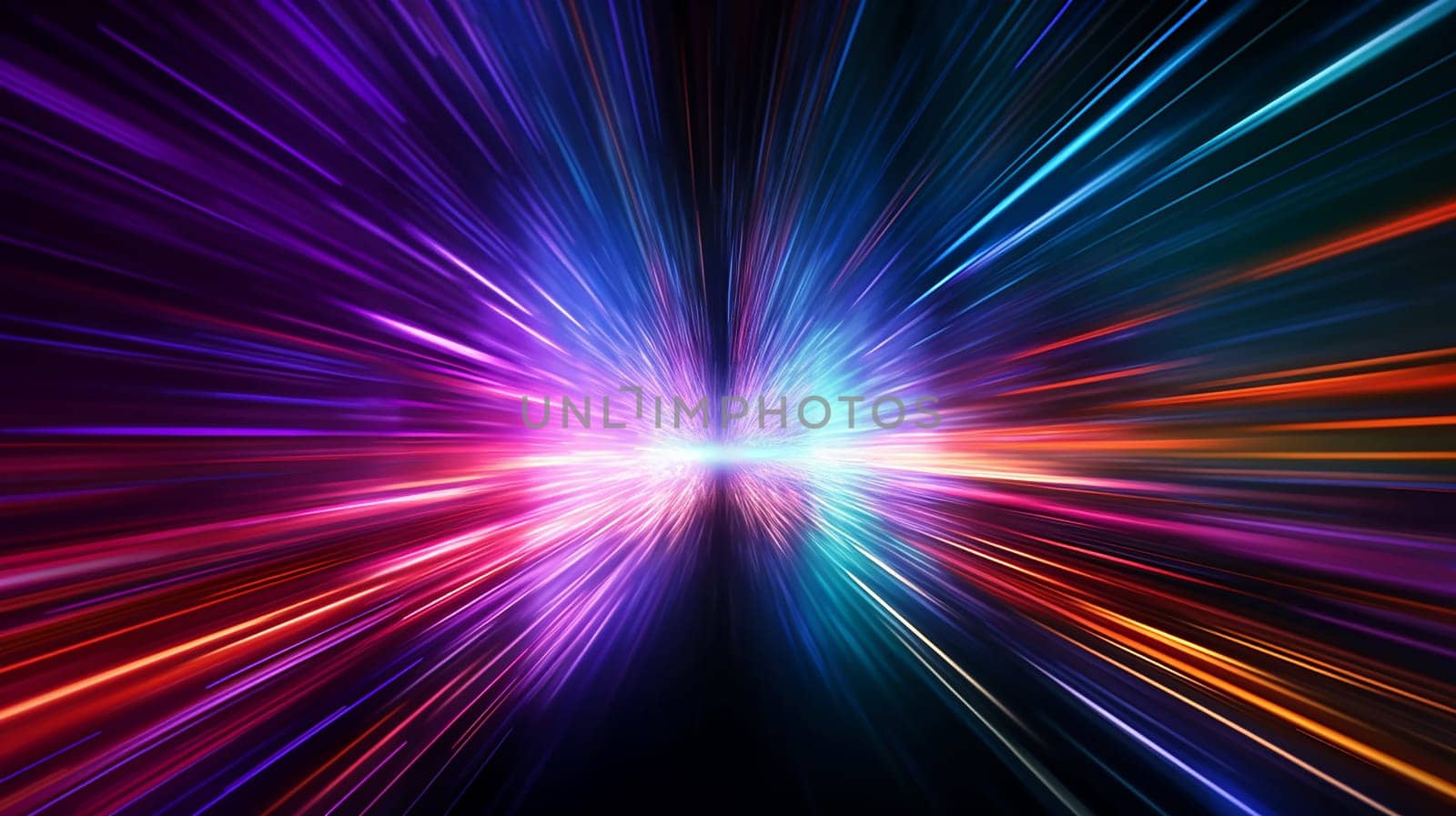 Abstract neon light streaks radiating from central point with vibrant colors, speed concept by Hype2art