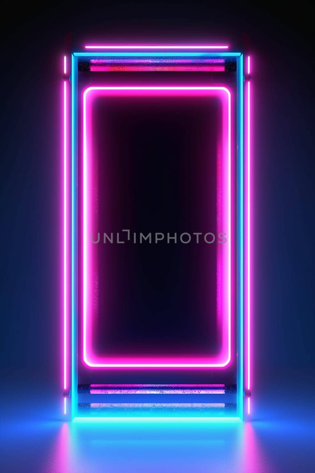 Rectangle horizontal Neon lights frame mock up with glowing pink and blue lights.