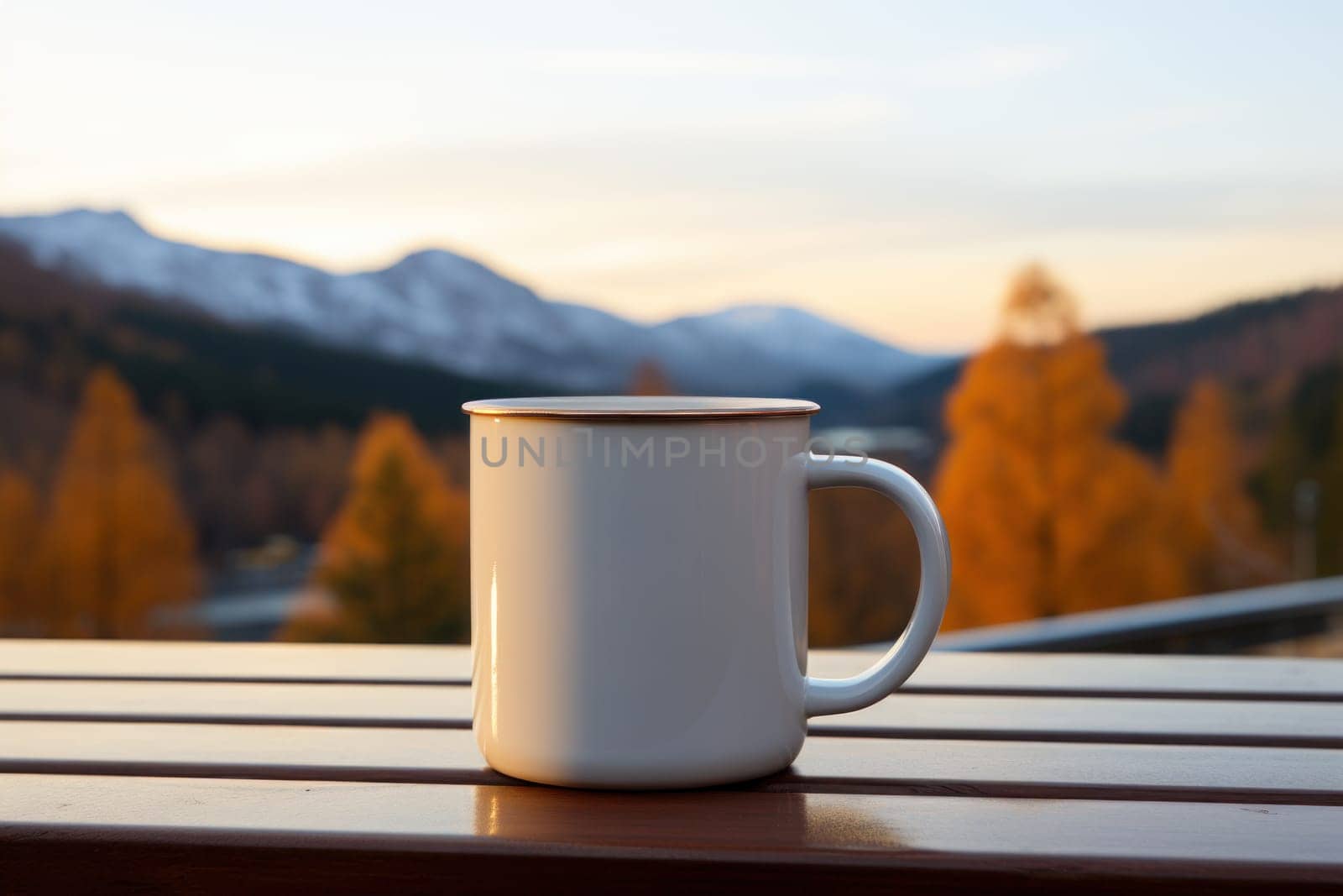 Enamel mug mockup professional shot, mountain in the background, direct light. Generative AI by golfmerrymaker