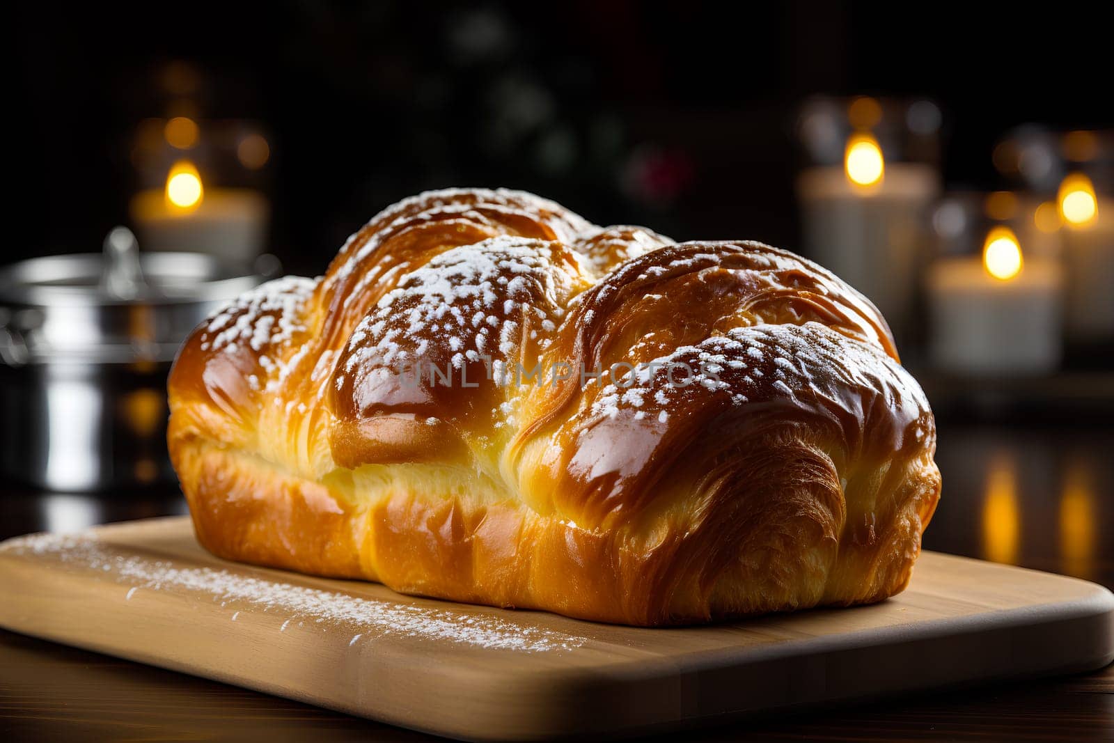 Glossy brioche bread on a cutting board - generative AI