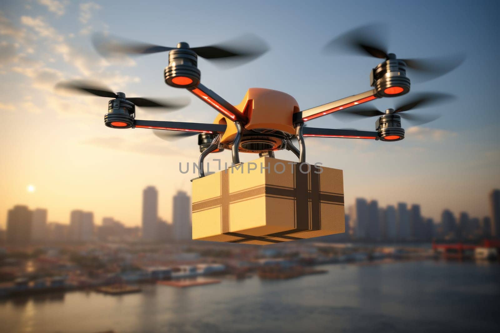 Delivery drone, Autonomous delivery robot, Business air transportation concept. Generative Ai by golfmerrymaker