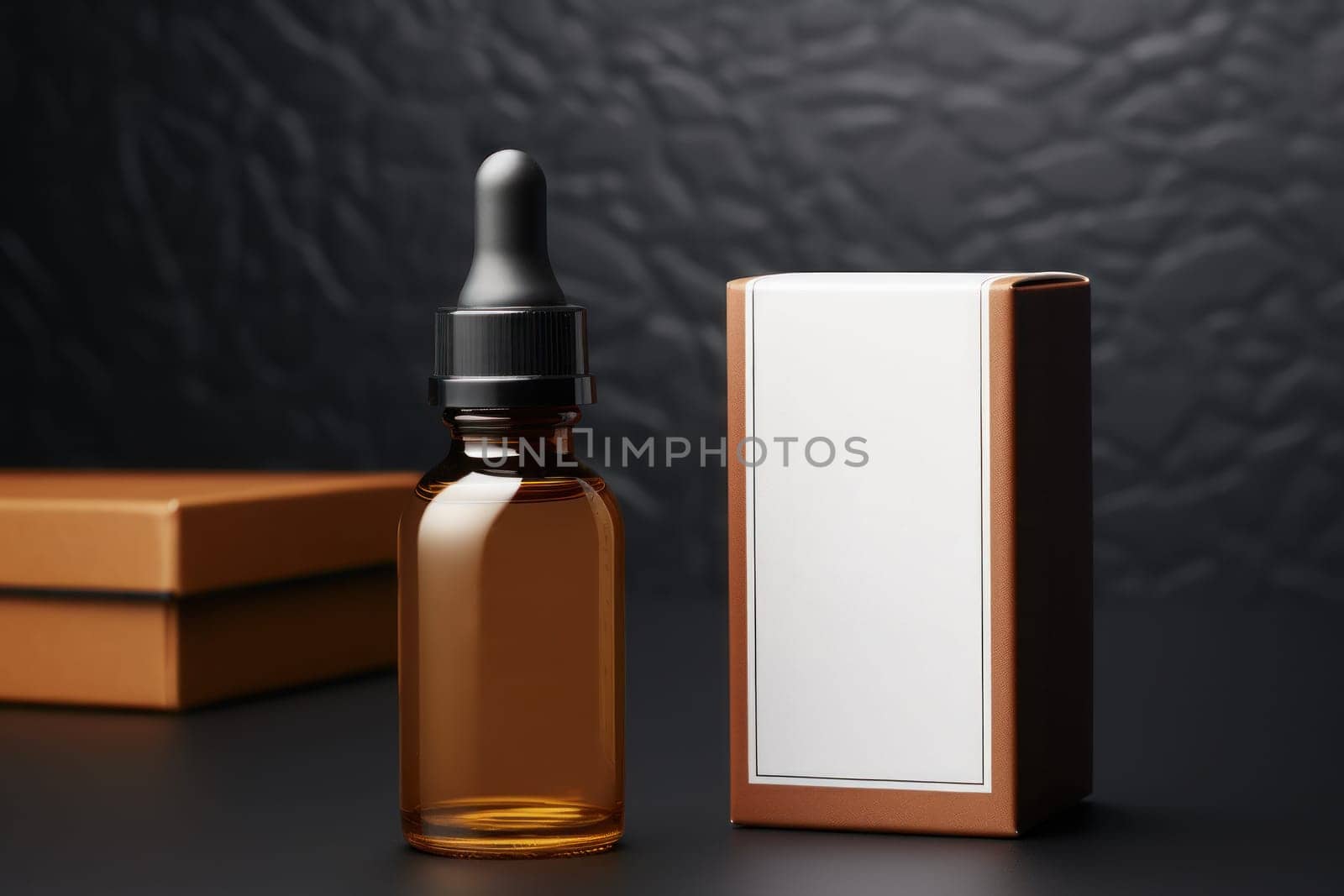Brown glass dropper bottle with white box product mockup. Generative AI.