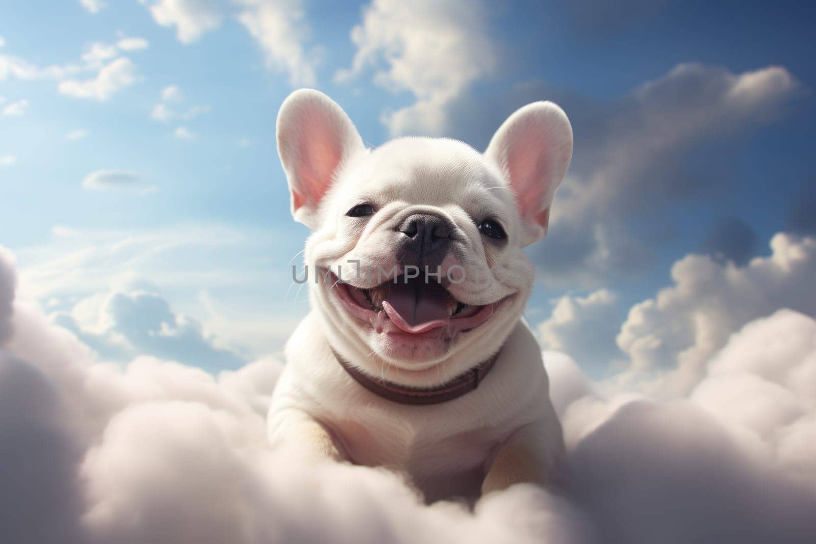 Super cute french bulldog, surreal style, in the clouds. Generative AI.
