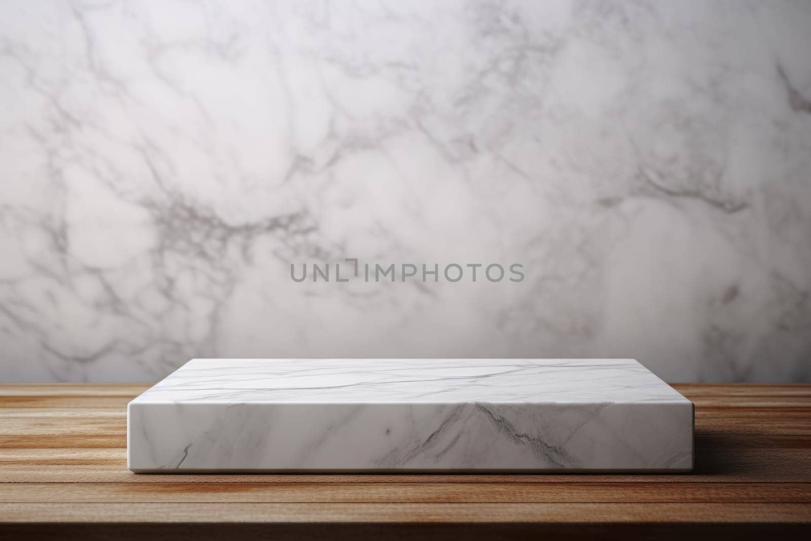 White marble podium on empty space for text and content. Generative AI by golfmerrymaker