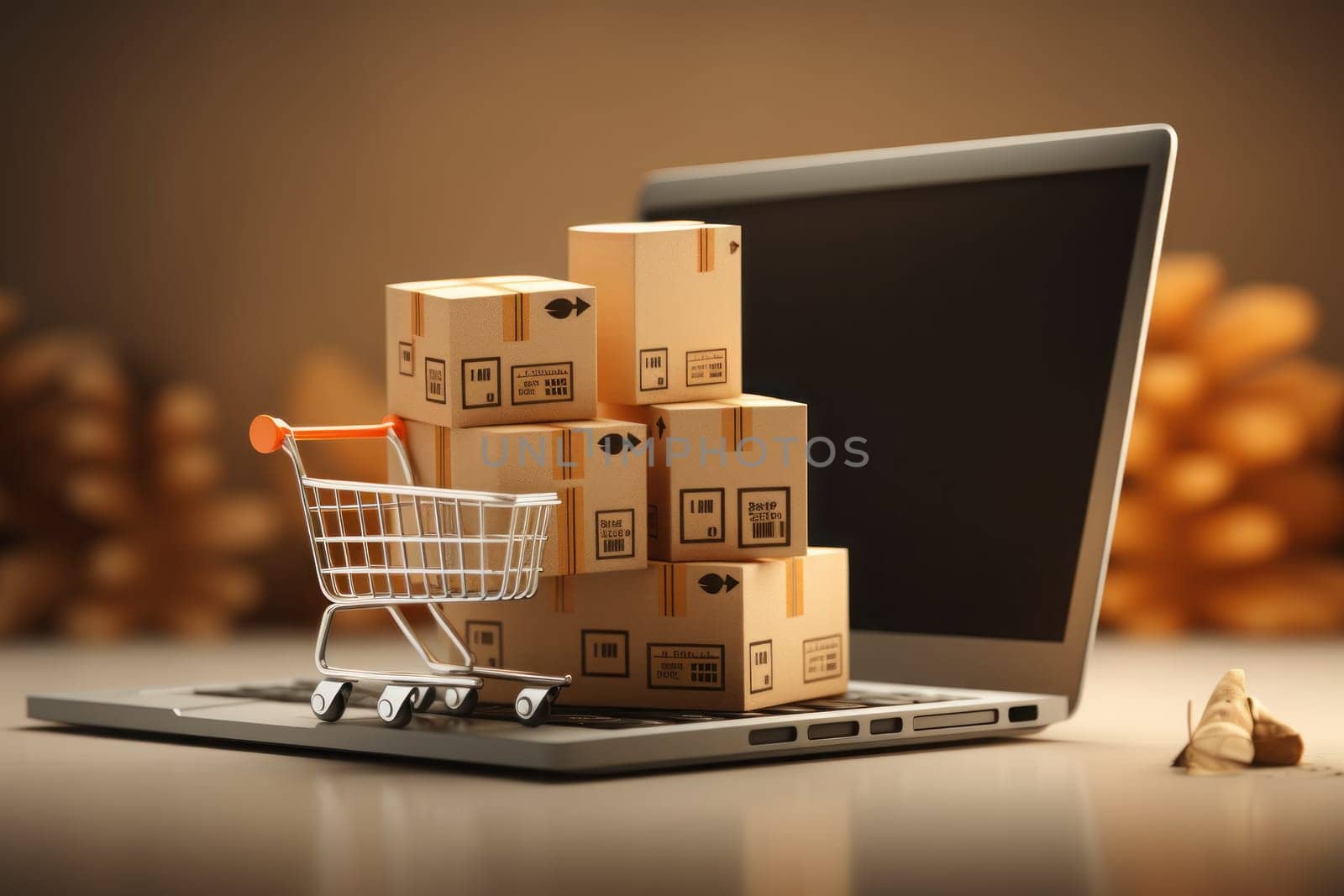 Shopping cart shipping cardboard box laptop as background, e-commerce attributes. Generative AI by golfmerrymaker