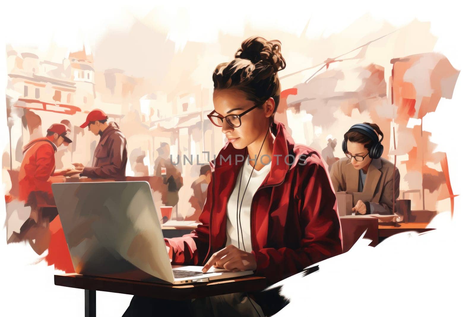 Illustration style of a young woman working at her desk. Generative AI by golfmerrymaker