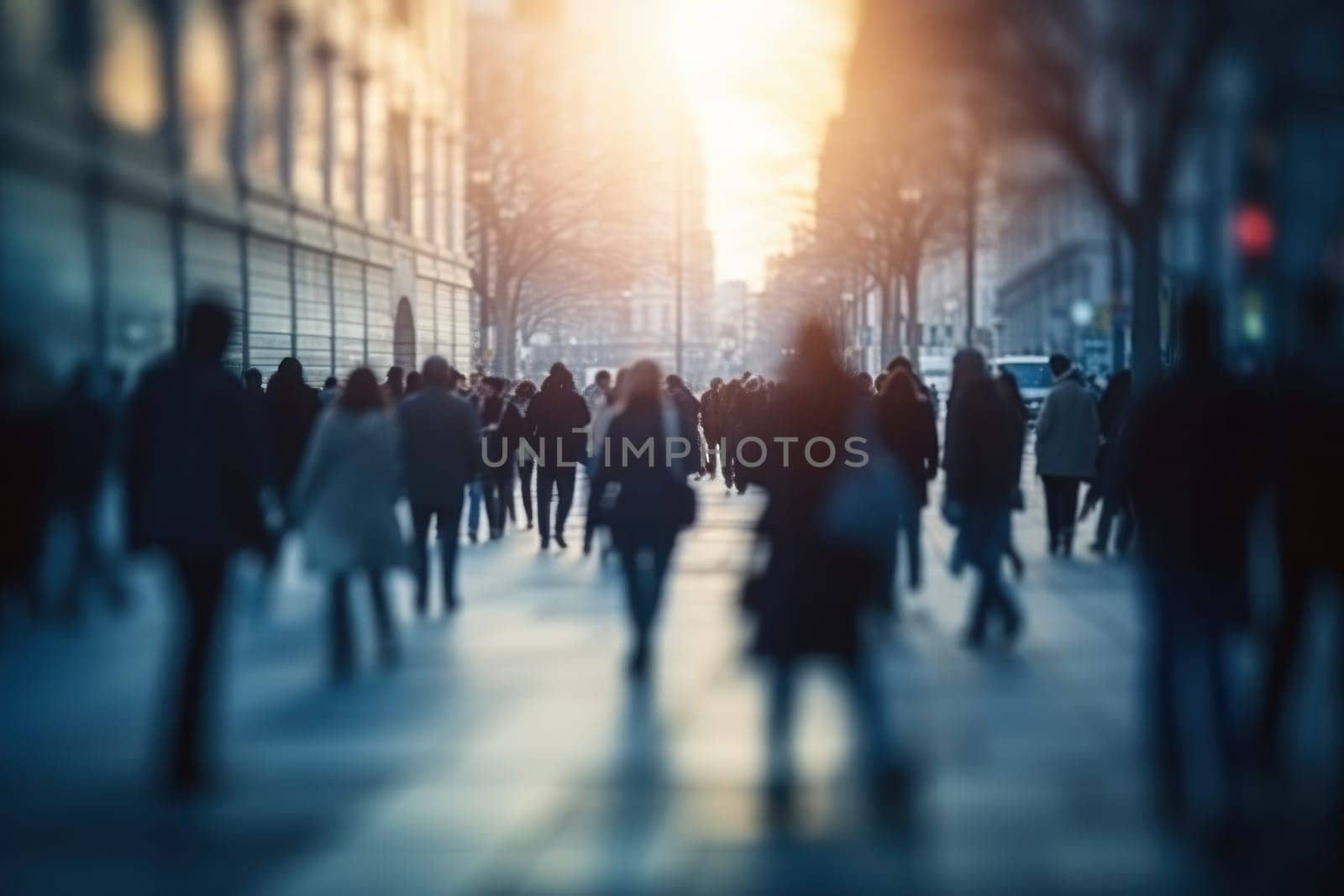 Realistic photo abstract blur people crowd walking in street business finance theme. Generative AI.