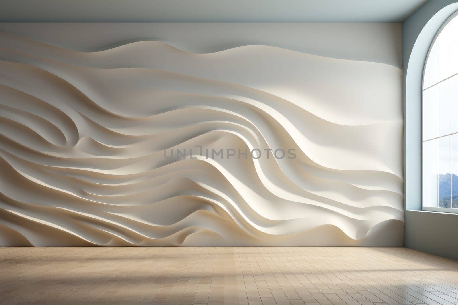 Empty room and white wall with curved pattern. Generative AI.