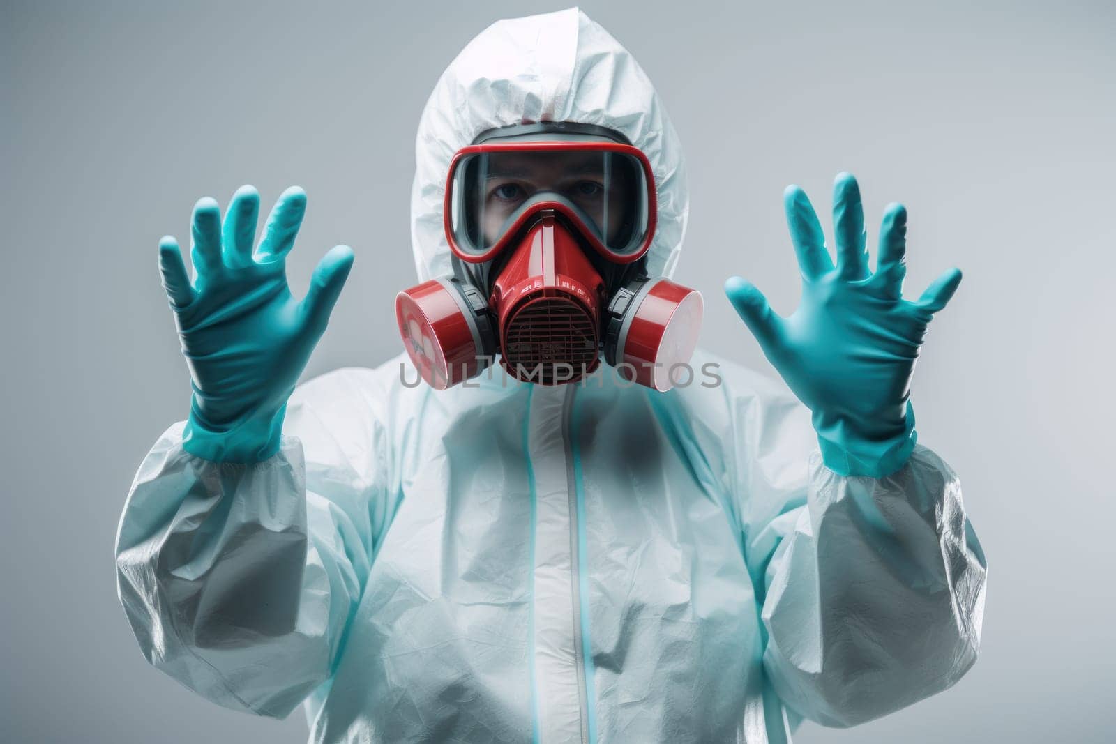 Portrait style photo of a person wearing hazmat suit wearing chemical gloves. Generative AI by golfmerrymaker