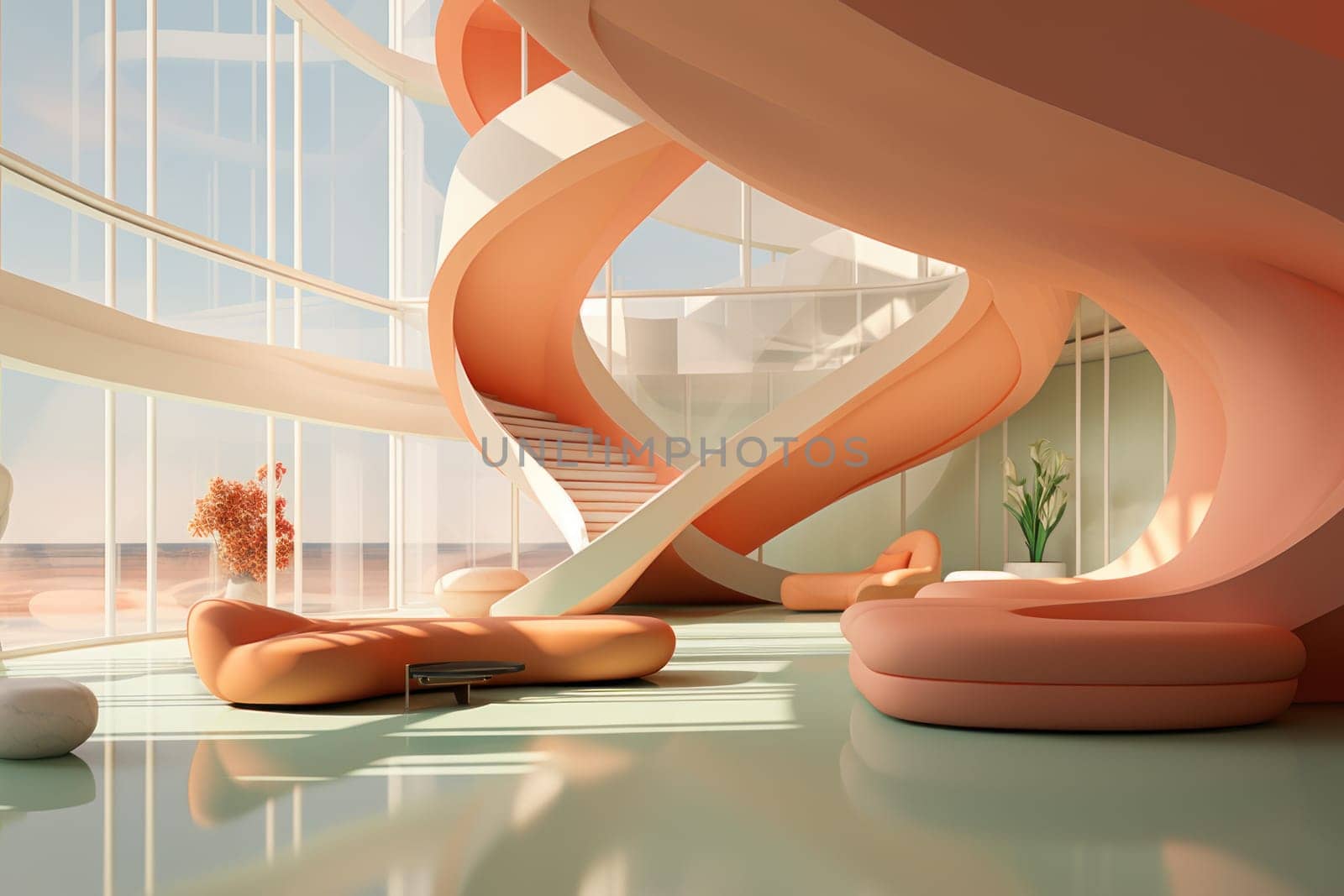 Abstract interior contemporary architecture visualisation gentle curves forming the walls. Generative AI.
