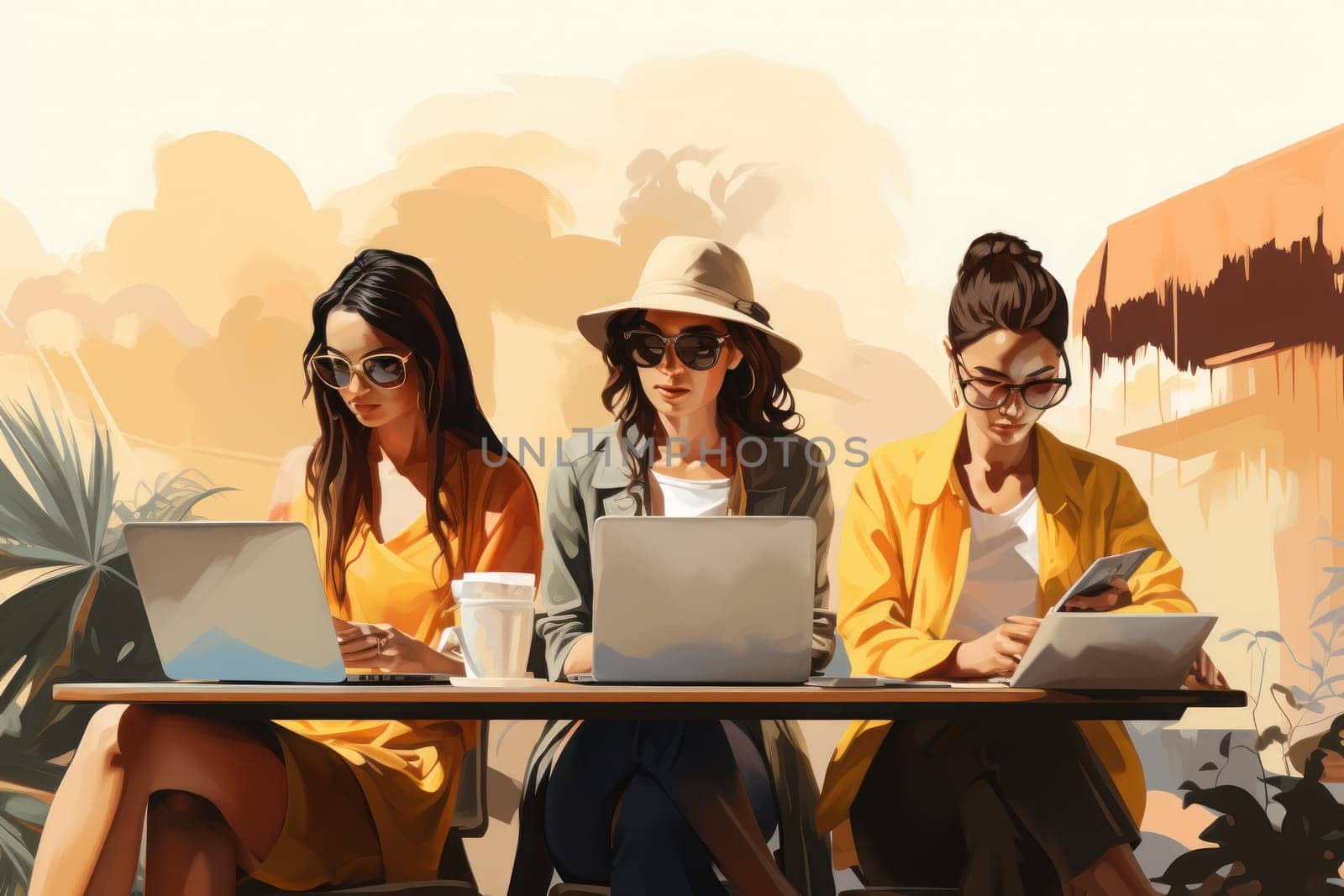 Group women sitting at a table working on their laptop in elegant illustration style. Generative AI.