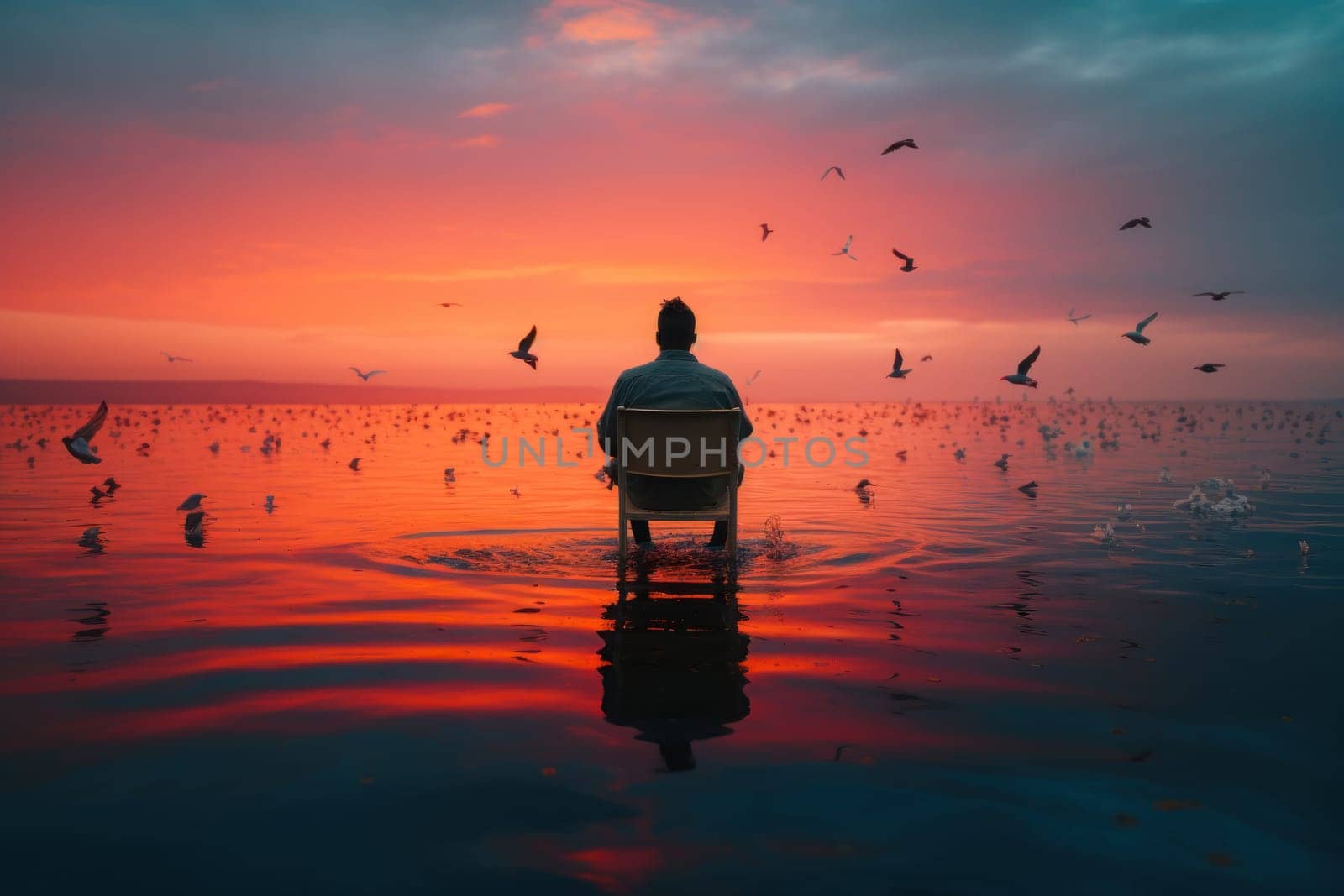 Abstract a man sitting on a chair in front of a body of water with a bird on its back. Generative AI by golfmerrymaker