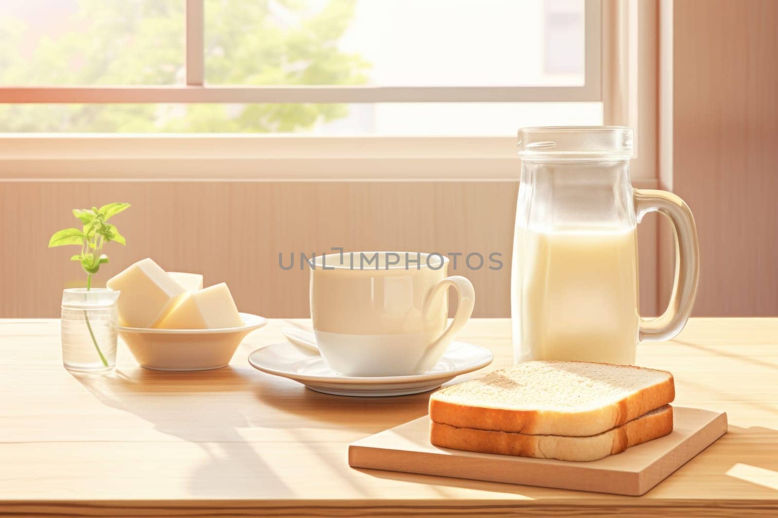 Wooden table with bread soy milk soy milk bags style bright kitchen background. Generative AI.