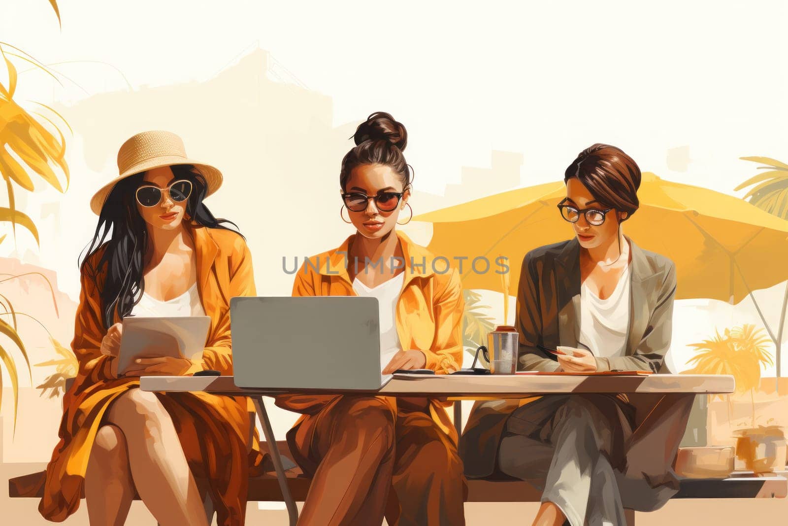 Group women sitting at a table working on their laptop in elegant illustration style. Generative AI.