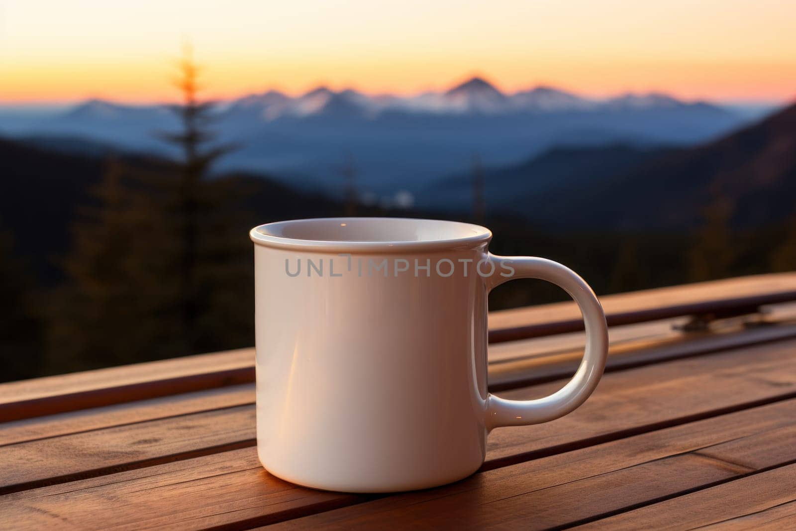 Enamel mug mockup professional shot, mountain in the background, direct light. Generative AI by golfmerrymaker