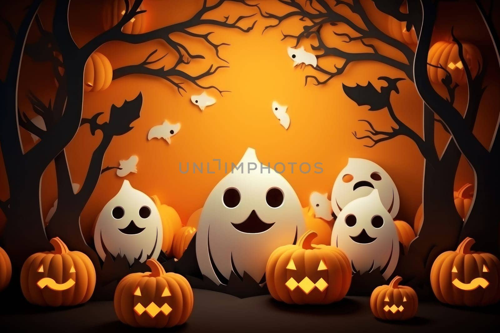 Halloween background for Greeting cards with paper cut style. Generative AI.