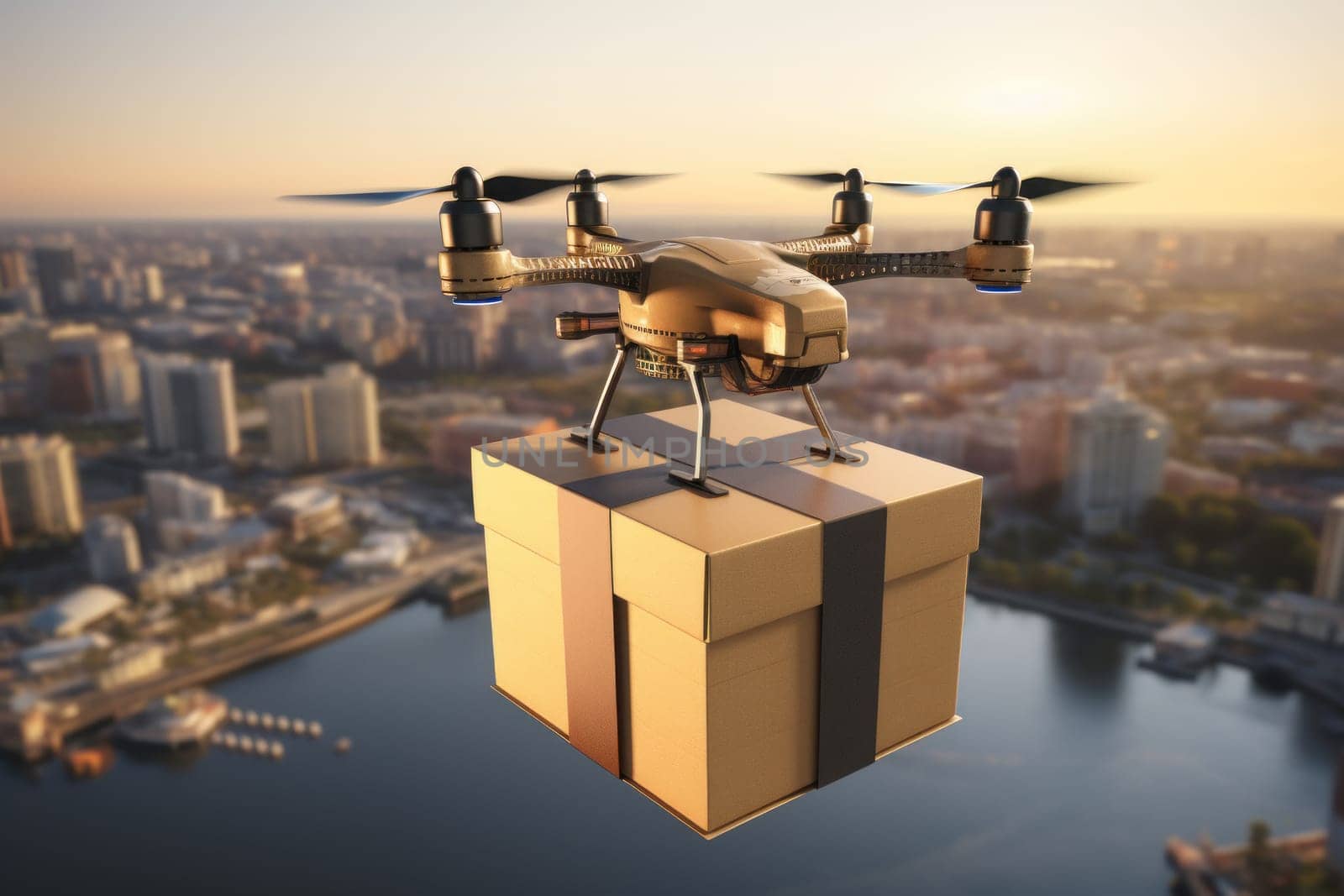 Delivery drone, Autonomous delivery robot, Business air transportation concept. Generative Ai.