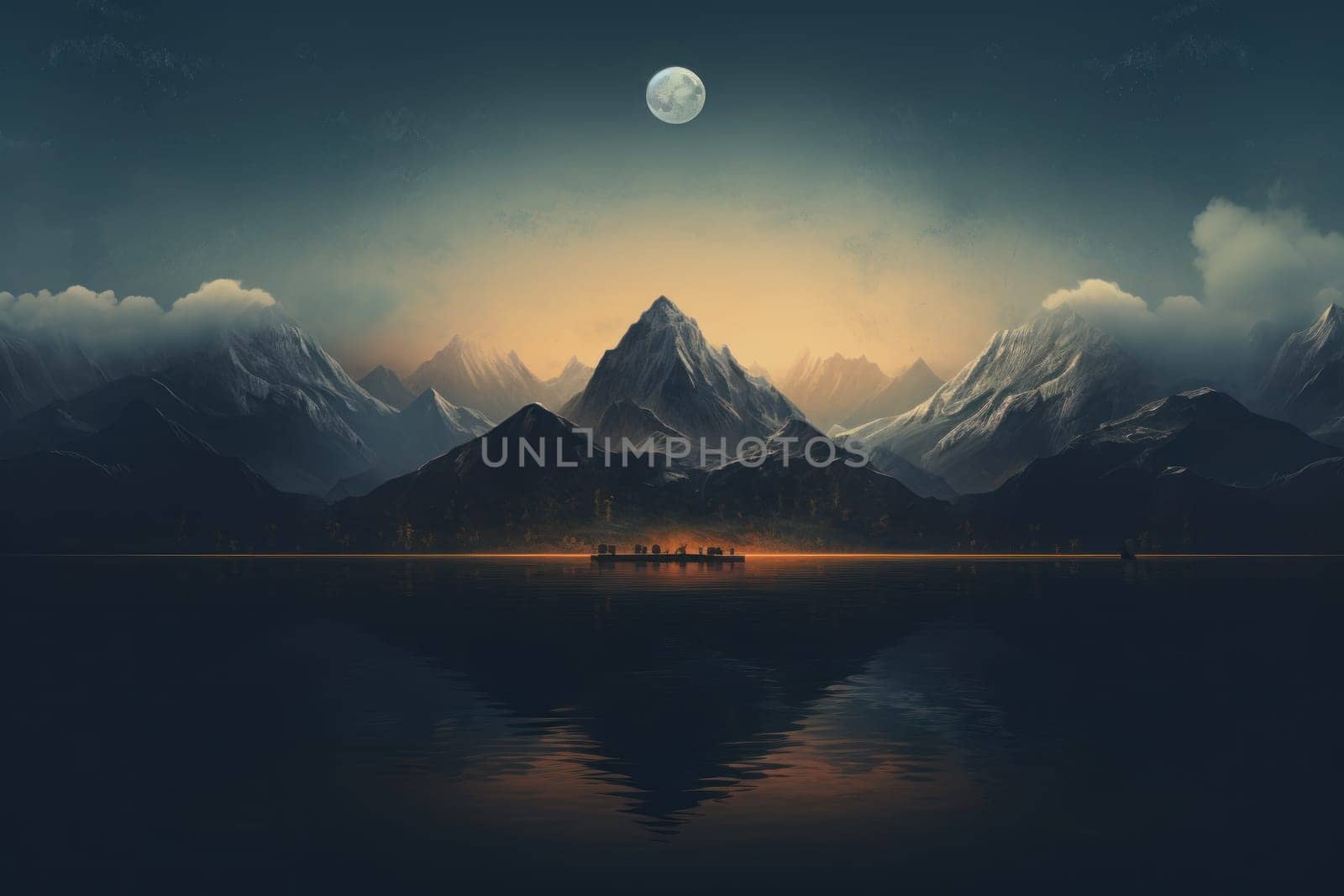 Beautiful album cover design of calm mountain and lake concept. Generative AI.