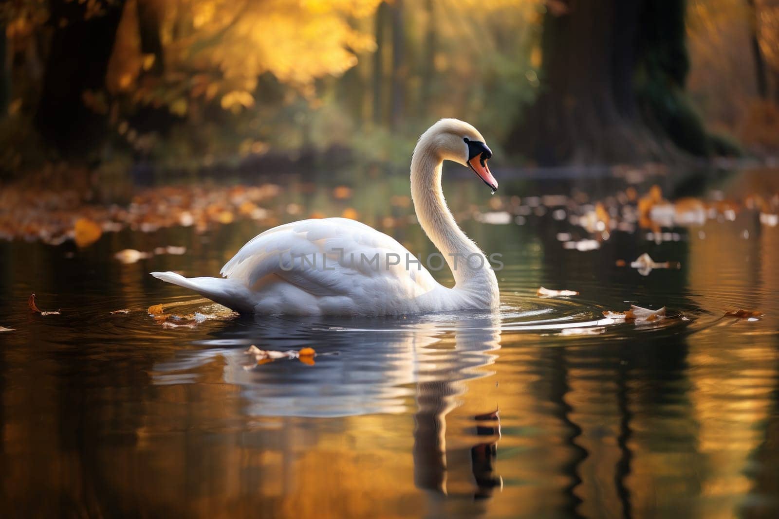 An elegant swan floats on a reflective lake. Made with care and detail. Generative AI.