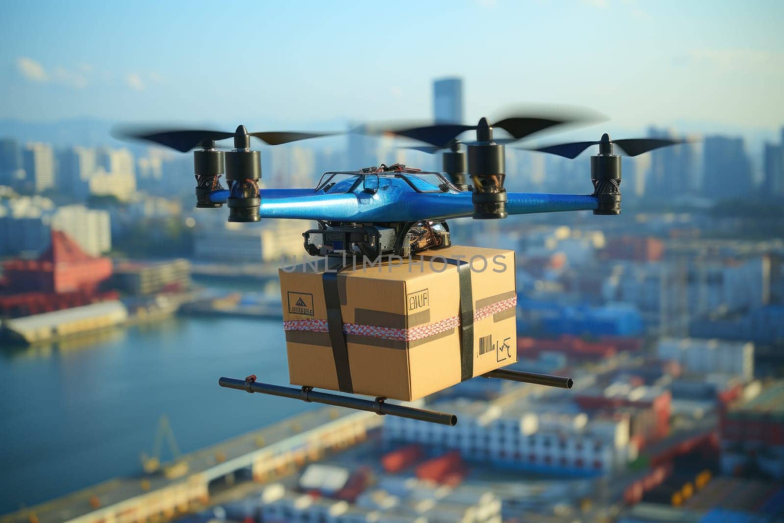 Delivery drone, Autonomous delivery robot, Business air transportation concept. Generative Ai.