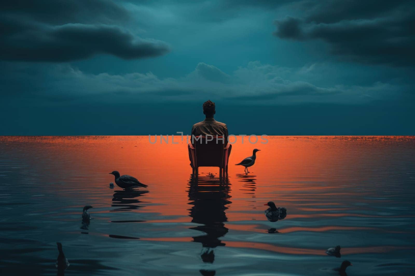 Abstract a man sitting on a chair in front of a body of water with a bird on its back. Generative AI.