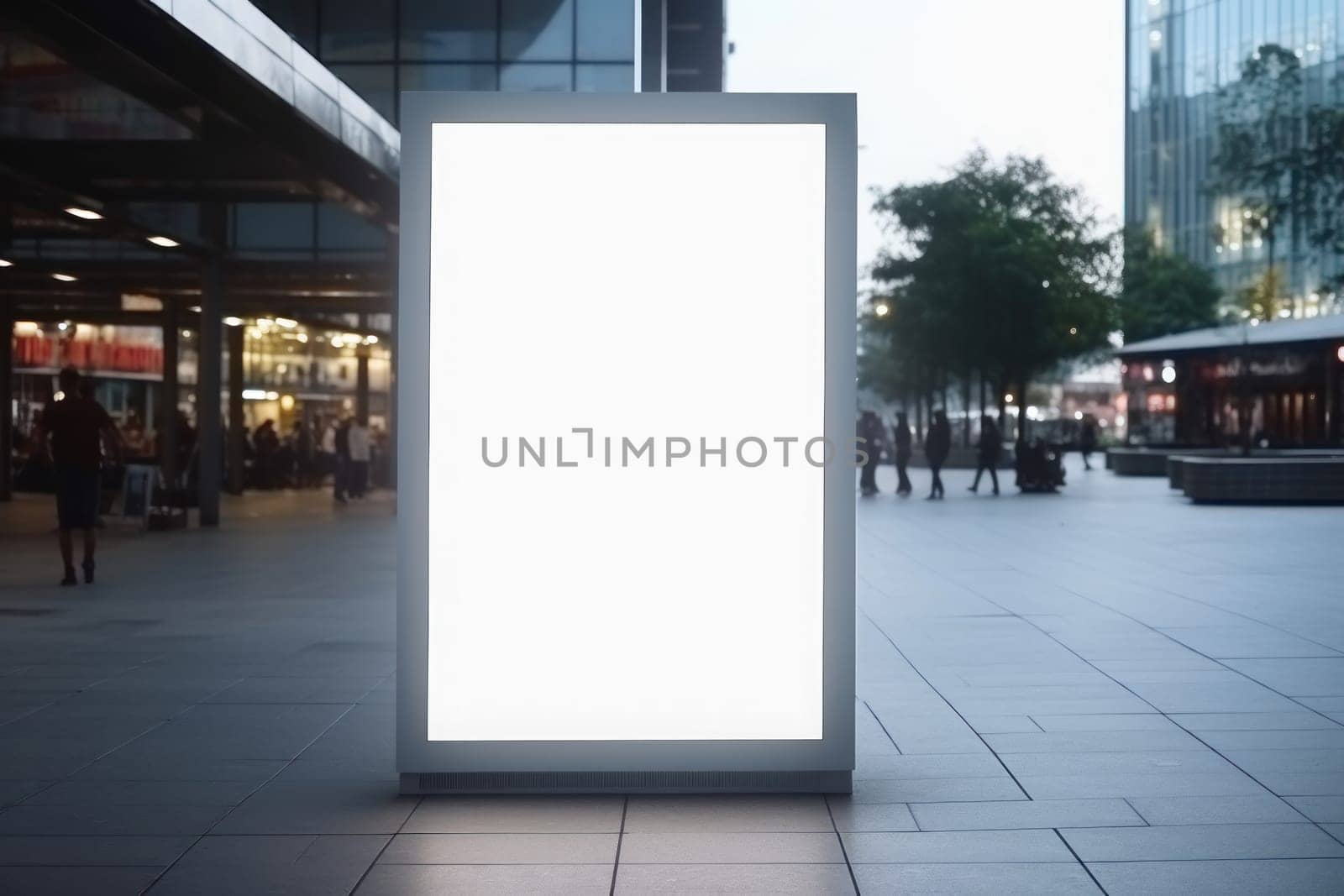 Blank digital signage screen in a public place, ideal for customization. Generative AI.