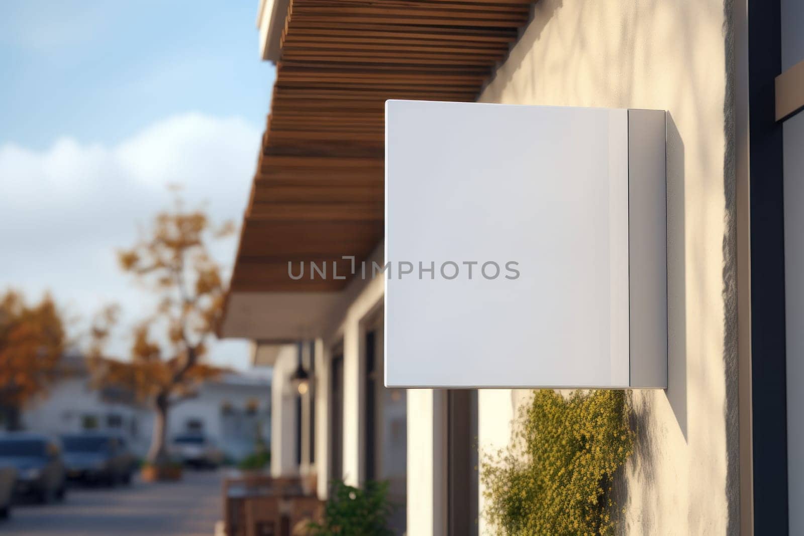 Modern white facade sign logo mockup and no logo perspective view. Generative AI.