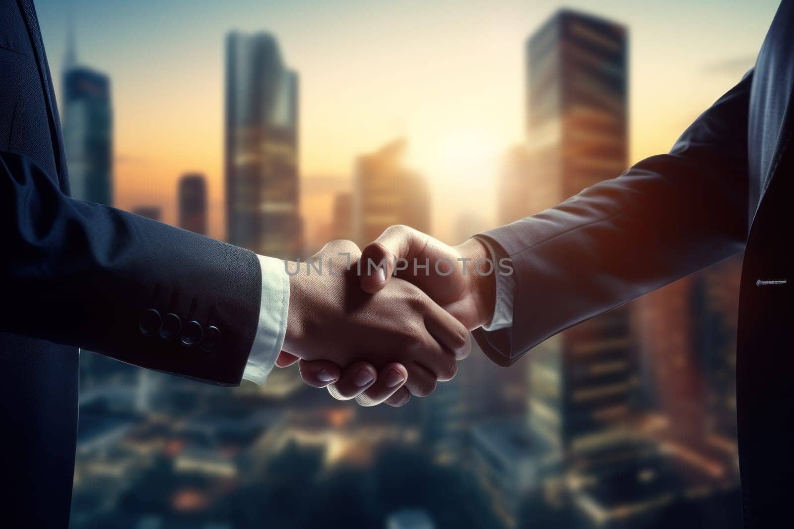 Businessmen making handshake with partner business joint venture concept. Generative AI by golfmerrymaker
