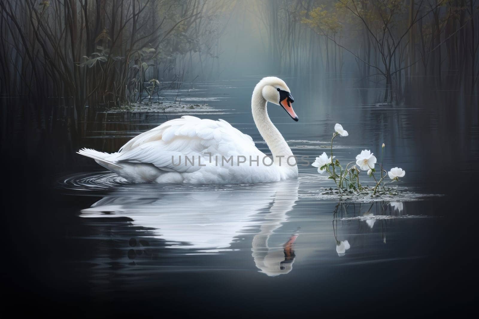 An elegant swan floats on a reflective lake. Made with care and detail. Generative AI.