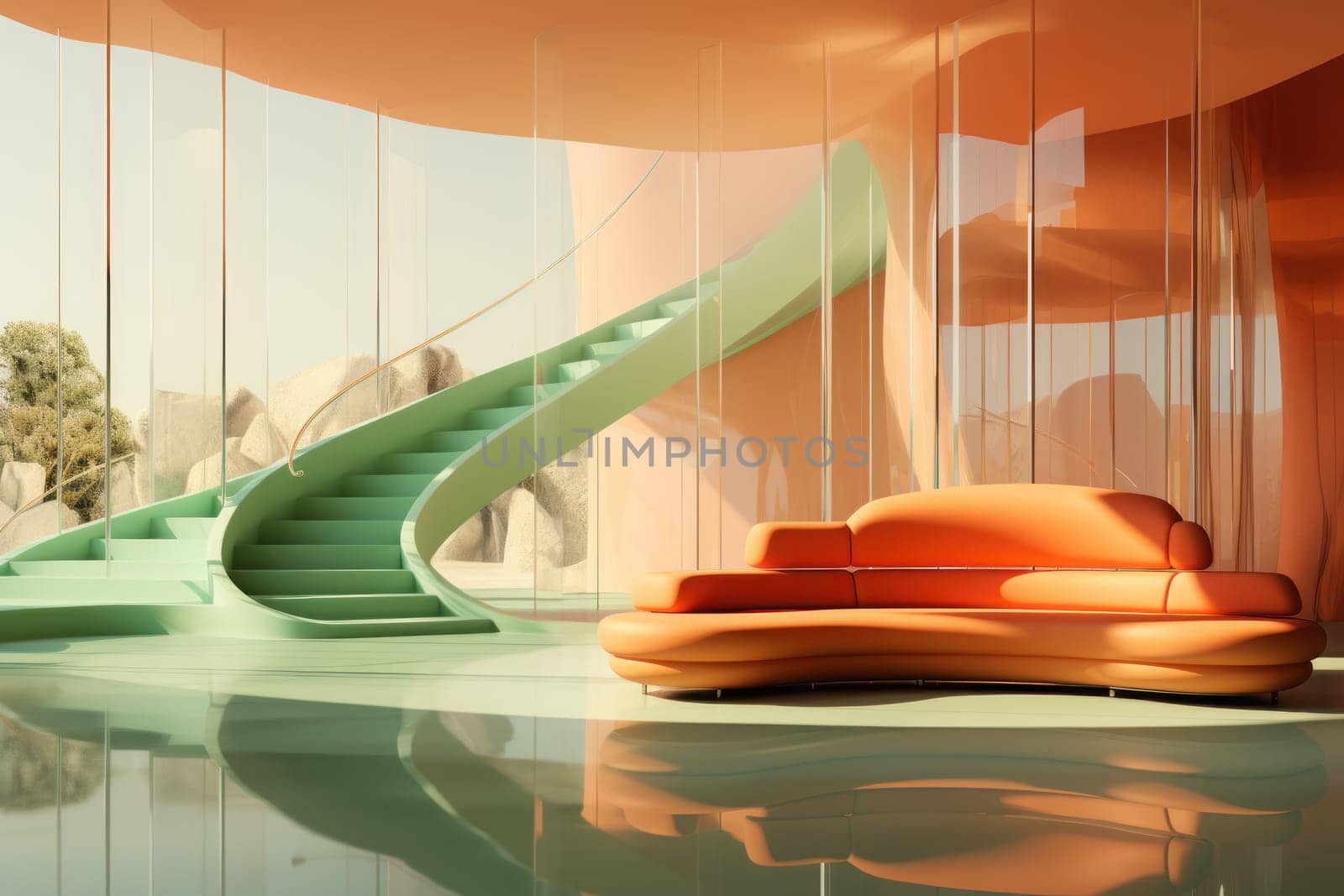 Abstract interior contemporary architecture visualisation gentle curves forming the walls. Generative AI.