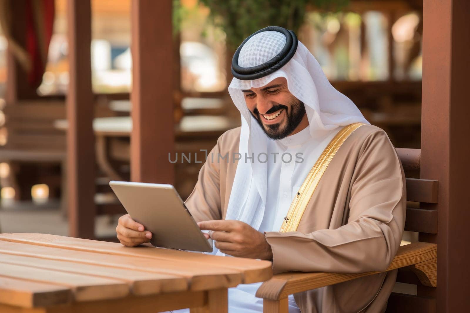 Man wearing saudi thobe. while holding a tablet reflects his tech-savviness. Generative AI.