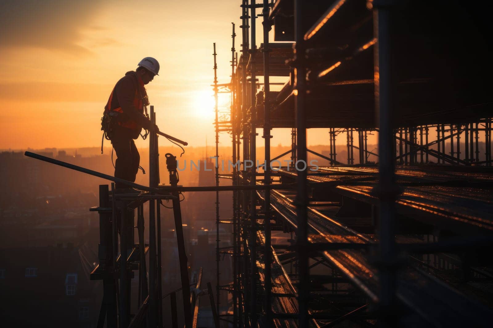 Silhouette construction worker on scaffolding building site. Generative AI.