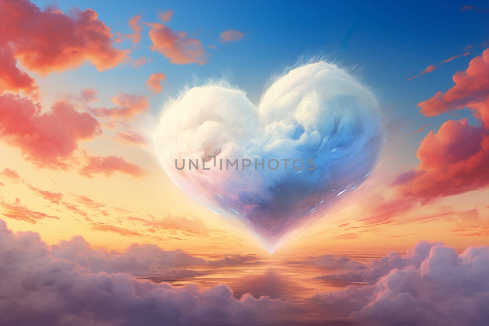 Painting of a heart-shaped cloud illuminated by the warm hues of sunset, floating above a serene sea of clouds. For love, romance, tenderness and Valentine day design
