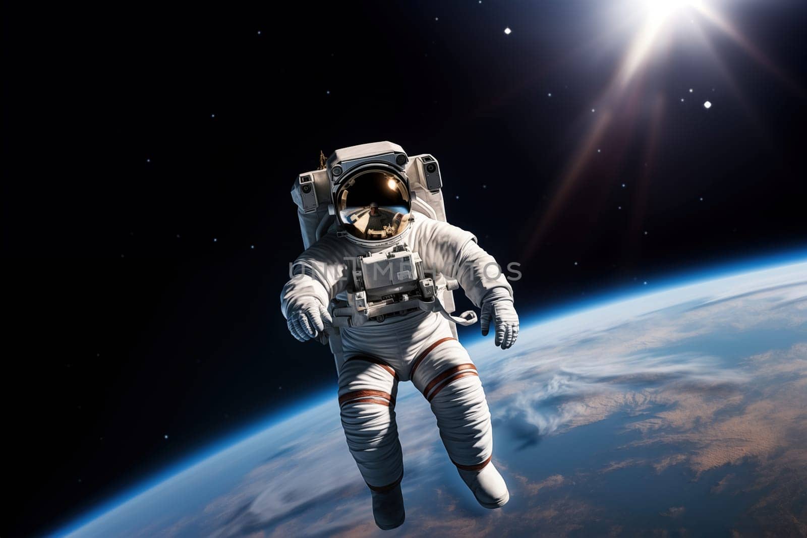 Astronaut Floating Above Earth in Space with extravehicular mobility unit and backpack. Wonder and awe of space exploration and science
