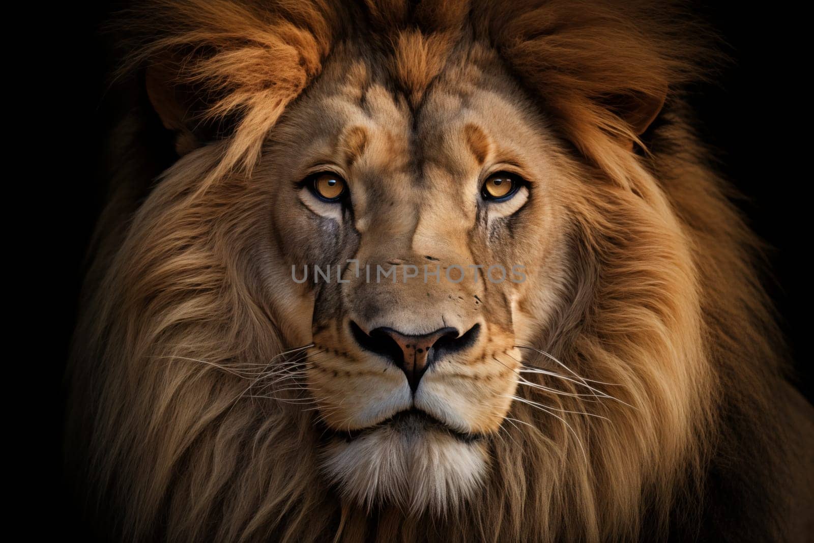 A close-up portrait of a majestic lion with a rich, golden mane, captured with high detail against a dark background